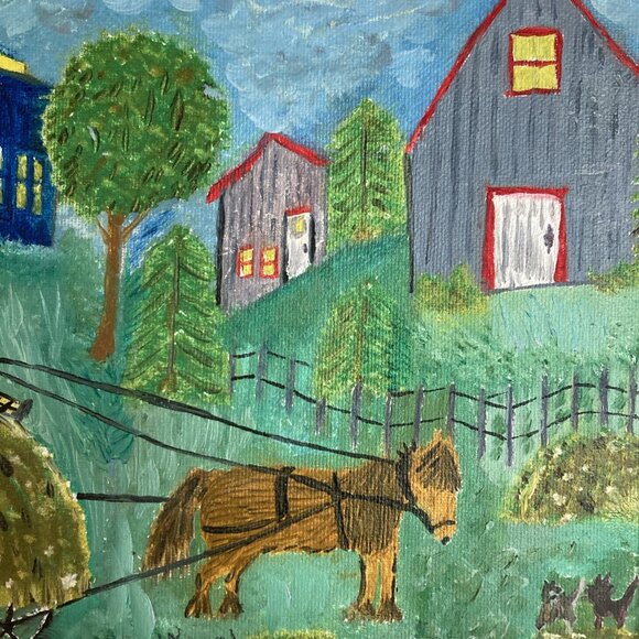 Vintage Painting On Canvas Framed French Folk Art Primitive Signed Y2K - Picture 5 of 13